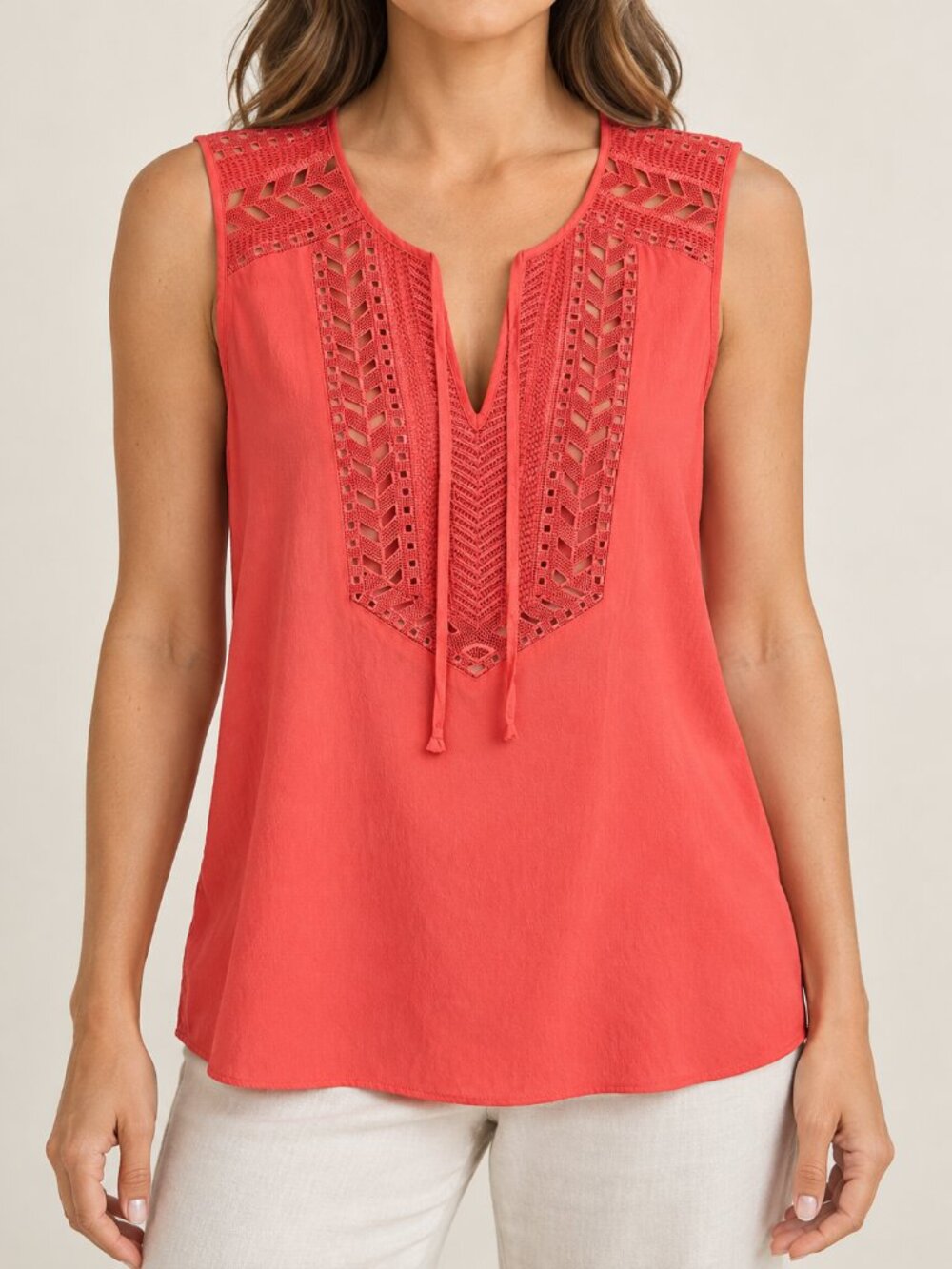 Parker Coral Silk Sleeveless Lace Tie Neck Blouse Size Medium